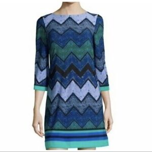 Eliza J Sz 6 Blue Black Green Chevron Print Slinky Shift s Dress